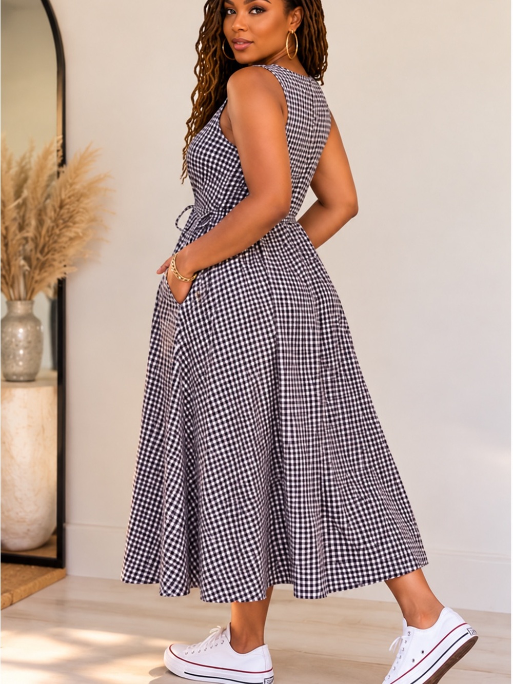 Black & White Gingham V‑Neck Maxi Dress - Classic Summer or Fall Style